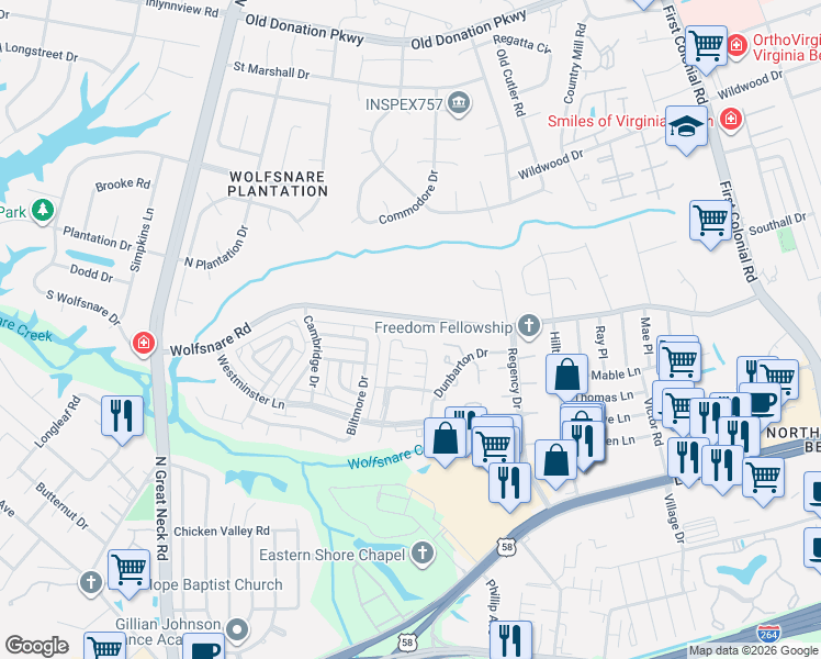 map of restaurants, bars, coffee shops, grocery stores, and more near 780 Queens Way in Virginia Beach