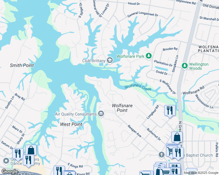 map of restaurants, bars, coffee shops, grocery stores, and more near 2702 Seashore Cove in Virginia Beach