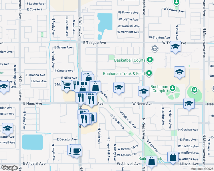 map of restaurants, bars, coffee shops, grocery stores, and more near 622 West Lexington Avenue in Clovis
