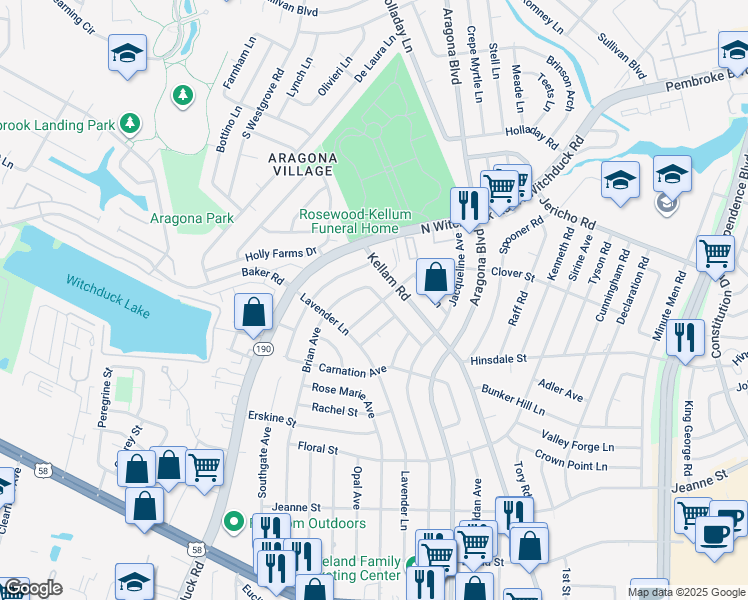 map of restaurants, bars, coffee shops, grocery stores, and more near 4960 Clover Street in Virginia Beach