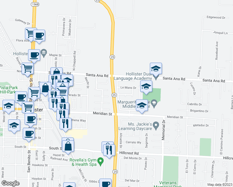 map of restaurants, bars, coffee shops, grocery stores, and more near 190 San Tropez Drive in Hollister