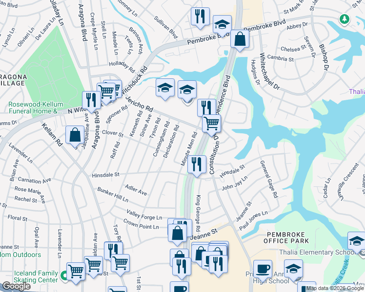 map of restaurants, bars, coffee shops, grocery stores, and more near 607 Minute Men Road in Virginia Beach