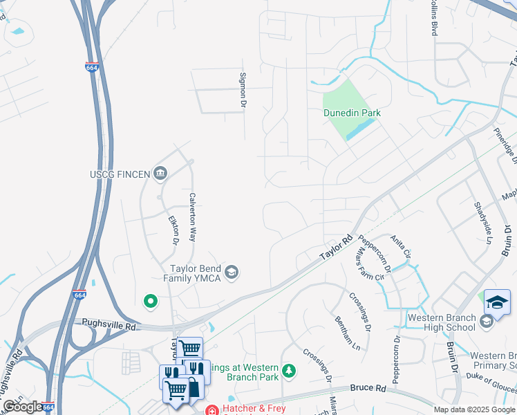 map of restaurants, bars, coffee shops, grocery stores, and more near 3510 Clover Meadows Road in Chesapeake