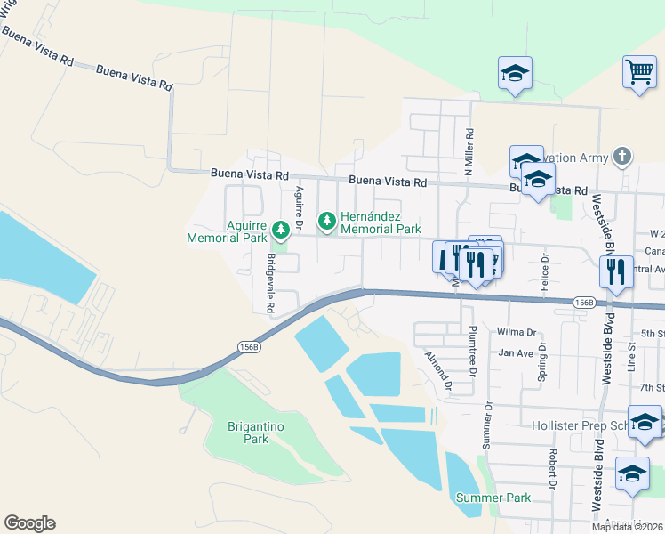 map of restaurants, bars, coffee shops, grocery stores, and more near 30 Azul Court in Hollister