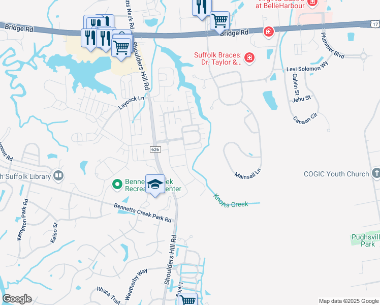 map of restaurants, bars, coffee shops, grocery stores, and more near 806 Bennetts Meadow Lane in Suffolk
