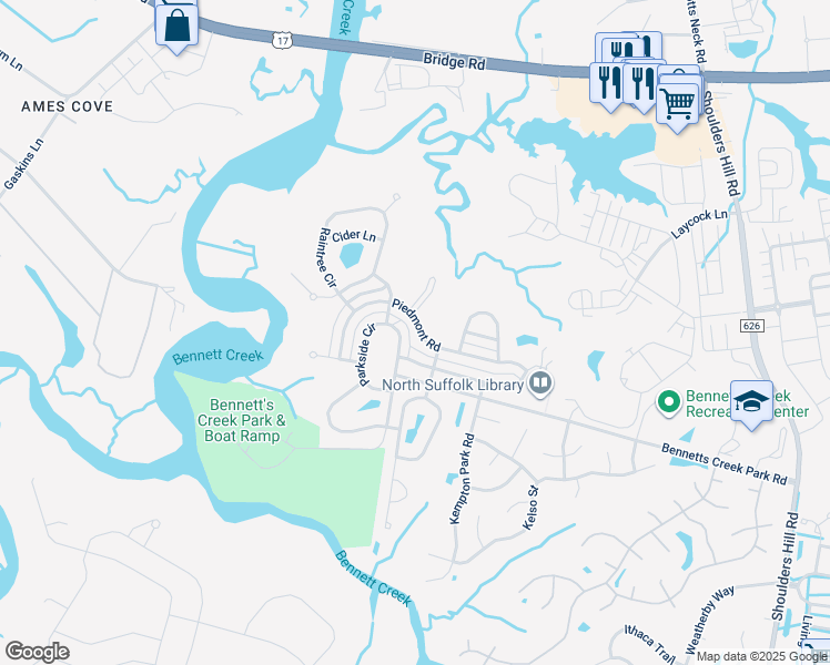 map of restaurants, bars, coffee shops, grocery stores, and more near 2090 Piedmont Road in Suffolk