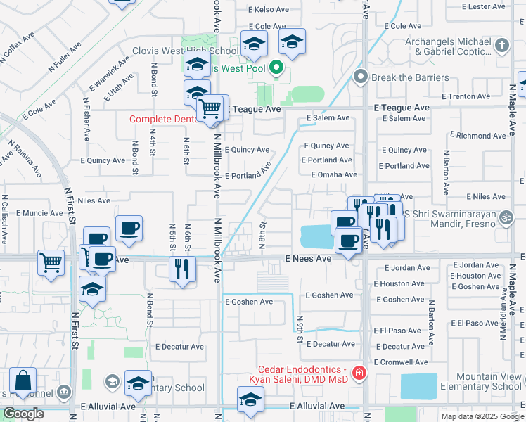 map of restaurants, bars, coffee shops, grocery stores, and more near 8195 North Yorktown Drive in Fresno
