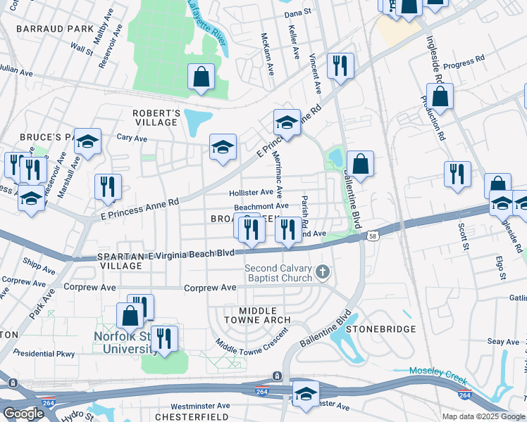map of restaurants, bars, coffee shops, grocery stores, and more near 2827 Beachmont Avenue in Norfolk