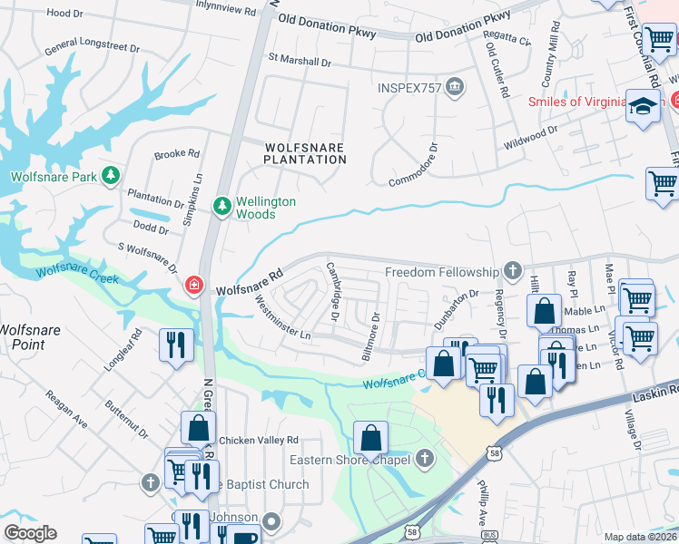 map of restaurants, bars, coffee shops, grocery stores, and more near 2166 Wolfsnare Road in Virginia Beach