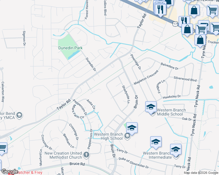 map of restaurants, bars, coffee shops, grocery stores, and more near 3317 Morningside Drive in Chesapeake