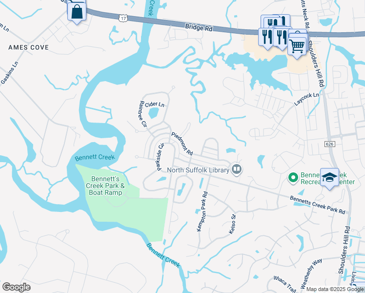 map of restaurants, bars, coffee shops, grocery stores, and more near 2090 Piedmont Road in Suffolk