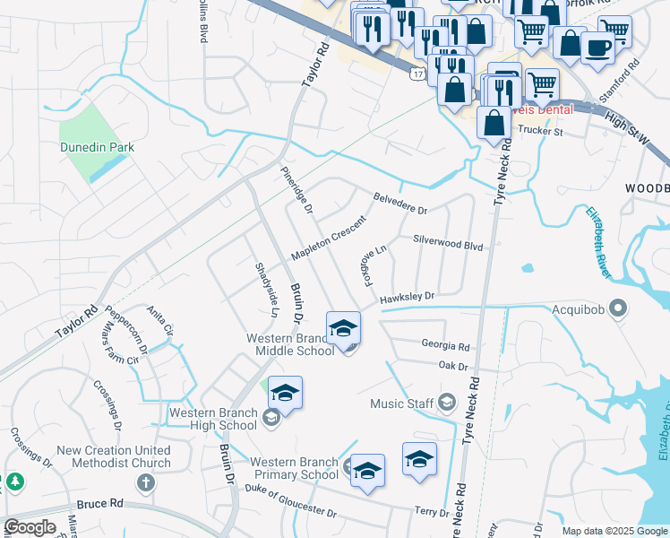 map of restaurants, bars, coffee shops, grocery stores, and more near 3224 Pineridge Drive in Chesapeake