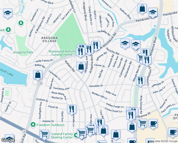 map of restaurants, bars, coffee shops, grocery stores, and more near 629 Aragona Boulevard in Virginia Beach