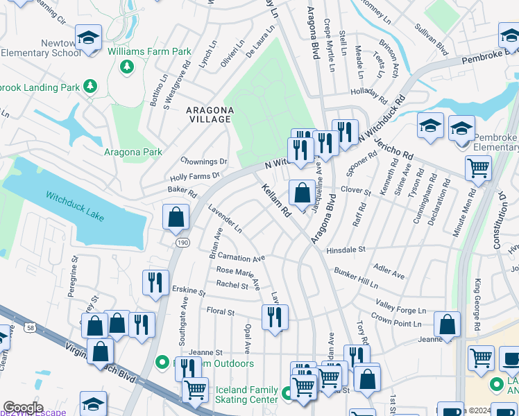 map of restaurants, bars, coffee shops, grocery stores, and more near 4960 Clover Street in Virginia Beach