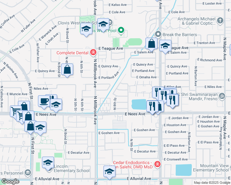 map of restaurants, bars, coffee shops, grocery stores, and more near 8195 North Yorktown Drive in Fresno