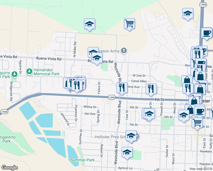 map of restaurants, bars, coffee shops, grocery stores, and more near 1111 Central Avenue in Hollister