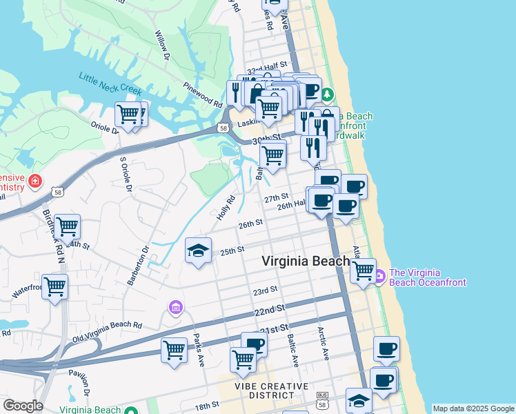map of restaurants, bars, coffee shops, grocery stores, and more near 2610 Baltic Avenue in Virginia Beach