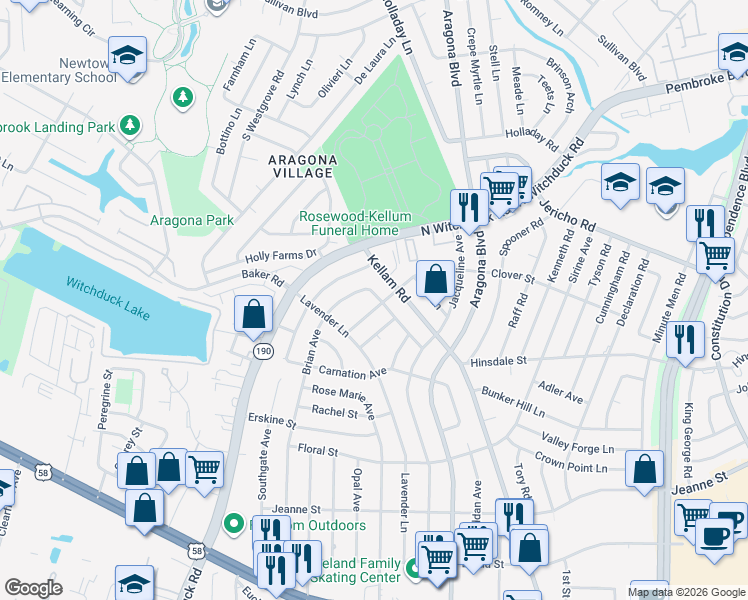 map of restaurants, bars, coffee shops, grocery stores, and more near 653 Kellam Road in Virginia Beach