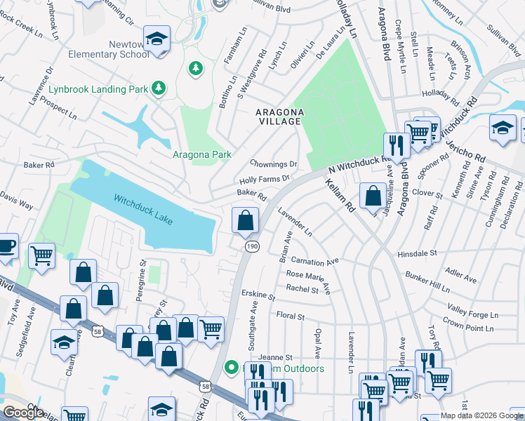 map of restaurants, bars, coffee shops, grocery stores, and more near 5105 Maracas Arch in Virginia Beach