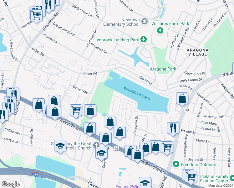 map of restaurants, bars, coffee shops, grocery stores, and more near 5403 Grand Lake Crescent in Virginia Beach