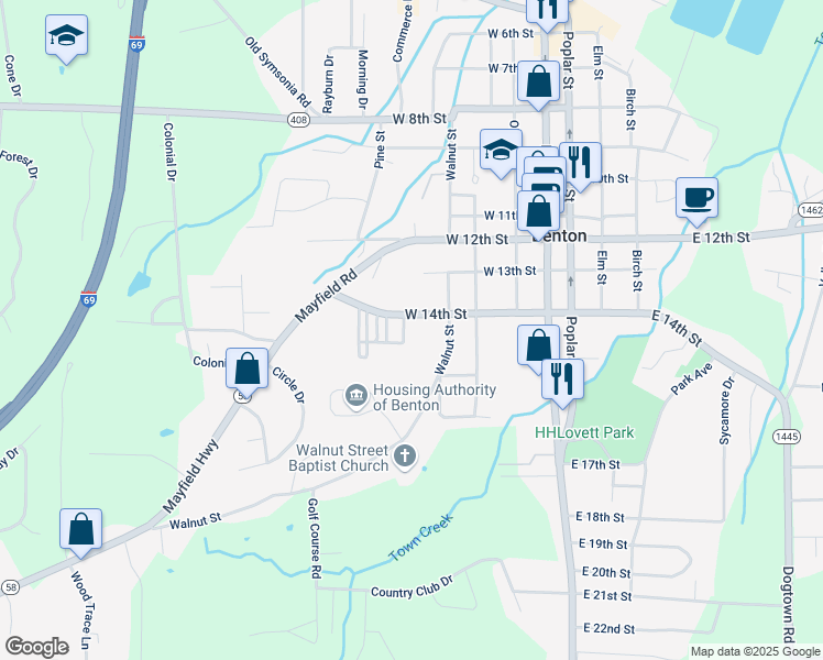 map of restaurants, bars, coffee shops, grocery stores, and more near 364-410 West 14th Street in Benton