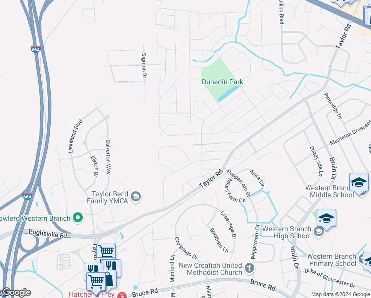 map of restaurants, bars, coffee shops, grocery stores, and more near 3332 Clover Meadows Road in Chesapeake
