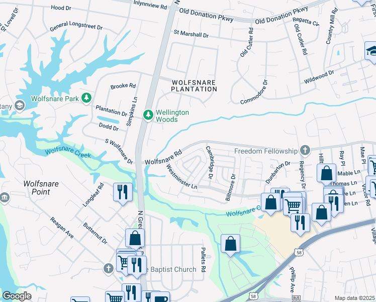 map of restaurants, bars, coffee shops, grocery stores, and more near 2221 Wolfsnare Road in Virginia Beach