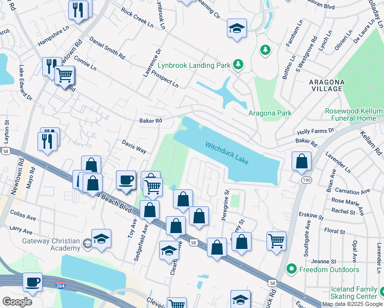 map of restaurants, bars, coffee shops, grocery stores, and more near 5403 Grand Lake Crescent in Virginia Beach
