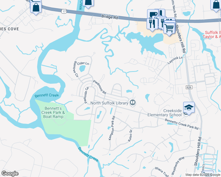 map of restaurants, bars, coffee shops, grocery stores, and more near 2205 Tuliptree Circle in Suffolk