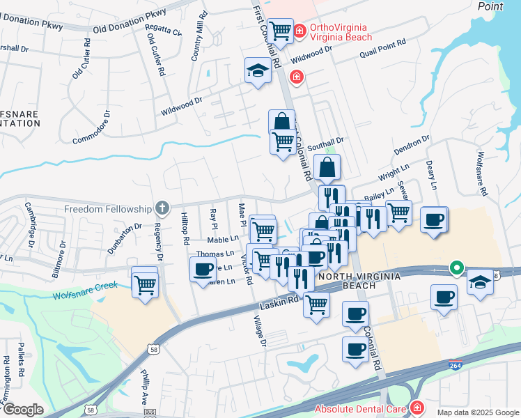 map of restaurants, bars, coffee shops, grocery stores, and more near 816 Gloria Place in Virginia Beach