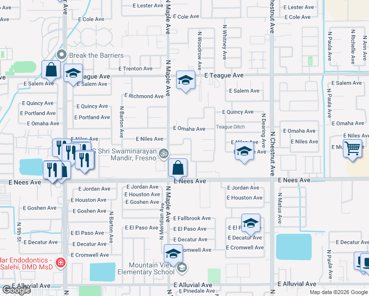 map of restaurants, bars, coffee shops, grocery stores, and more near 2074 East Niles Avenue in Fresno