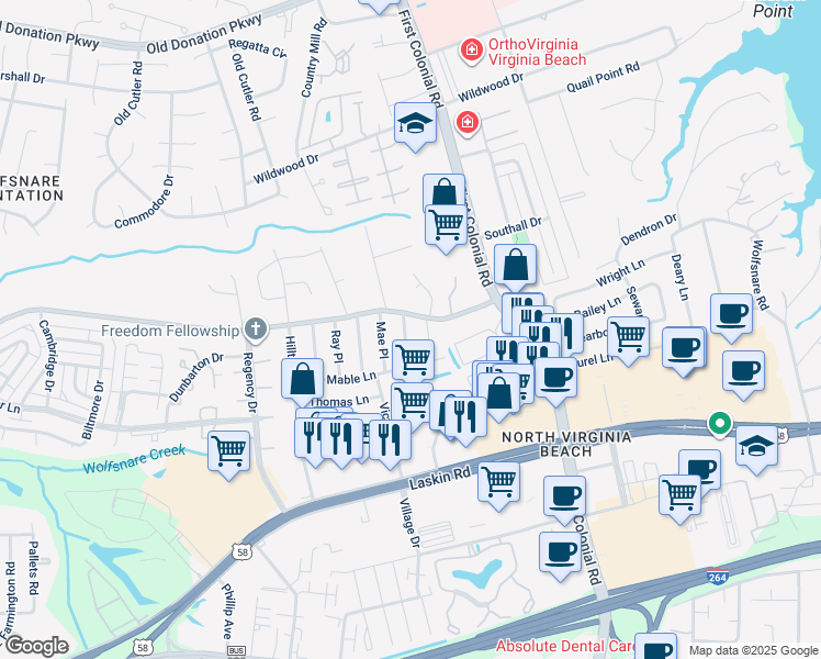 map of restaurants, bars, coffee shops, grocery stores, and more near 816 Gloria Place in Virginia Beach
