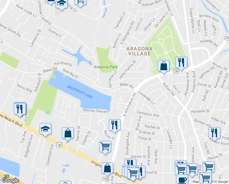 map of restaurants, bars, coffee shops, grocery stores, and more near Catano Court in Virginia Beach