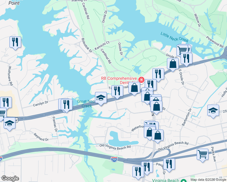 map of restaurants, bars, coffee shops, grocery stores, and more near 701 Bobolink Drive in Virginia Beach