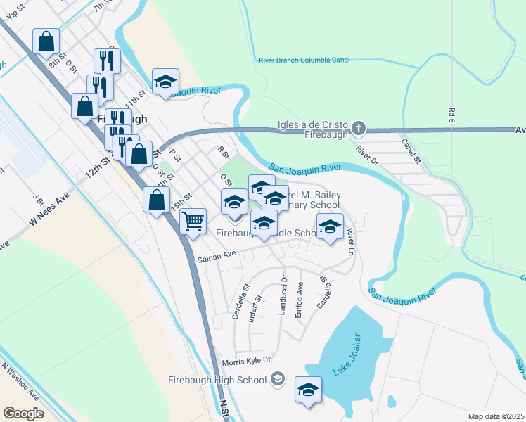 map of restaurants, bars, coffee shops, grocery stores, and more near 1691 Q Street in Firebaugh