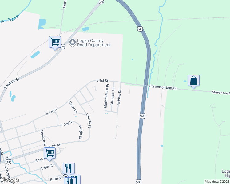 map of restaurants, bars, coffee shops, grocery stores, and more near 111-129 Hi View Drive in Russellville