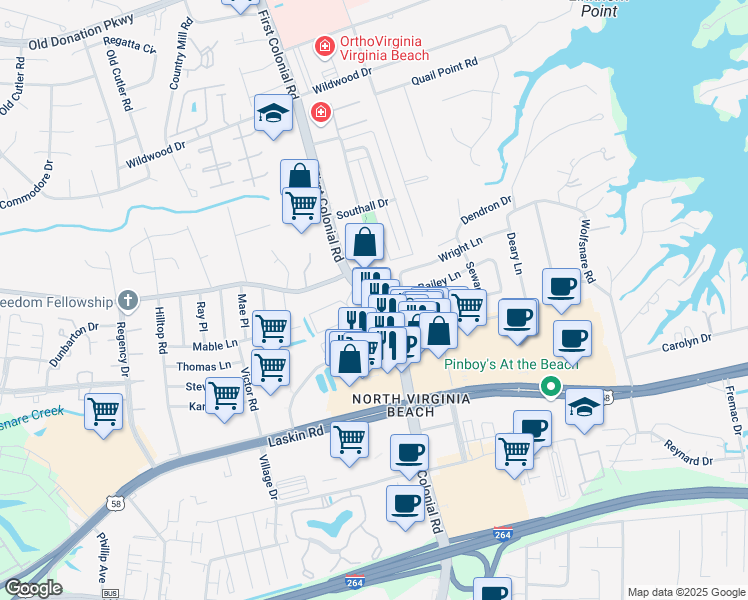 map of restaurants, bars, coffee shops, grocery stores, and more near 1802 Chantilly Court in Virginia Beach
