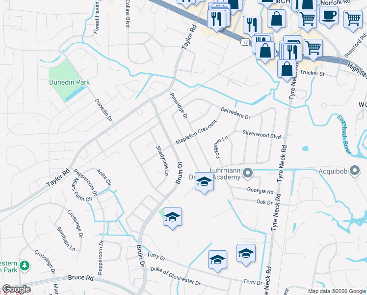 map of restaurants, bars, coffee shops, grocery stores, and more near 3301 Meadowbrook Lane in Chesapeake