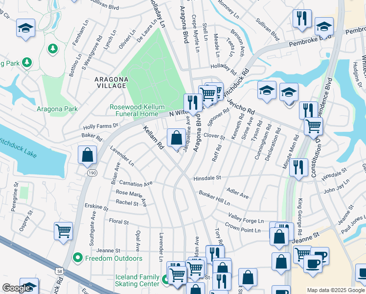 map of restaurants, bars, coffee shops, grocery stores, and more near 637 Jacqueline Avenue in Virginia Beach