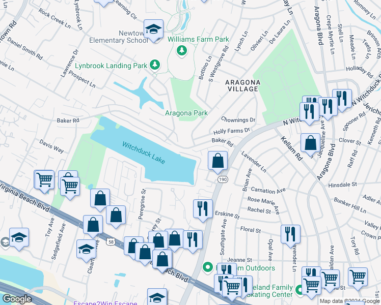 map of restaurants, bars, coffee shops, grocery stores, and more near 210 25th Street in Virginia Beach