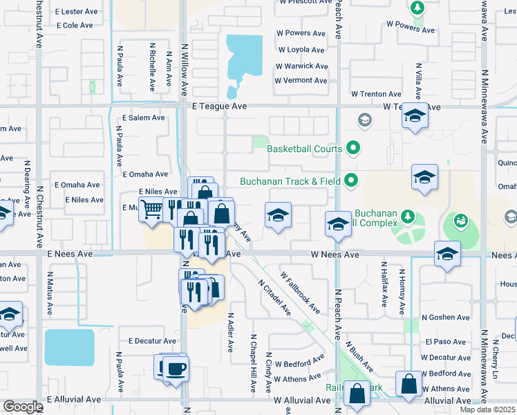 map of restaurants, bars, coffee shops, grocery stores, and more near 618 West Enterprise Avenue in Clovis