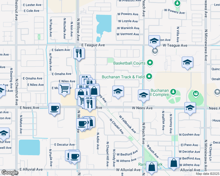 map of restaurants, bars, coffee shops, grocery stores, and more near 618 West Enterprise Avenue in Clovis