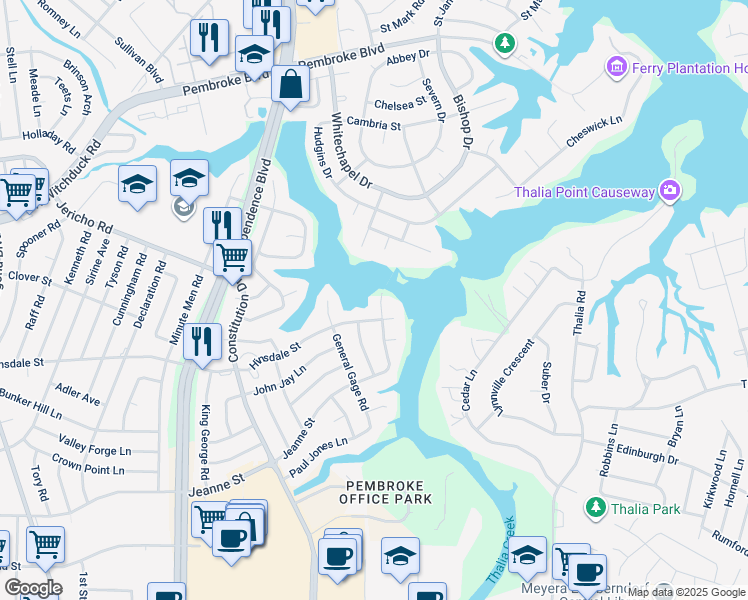 map of restaurants, bars, coffee shops, grocery stores, and more near 608 Putnam Road in Virginia Beach