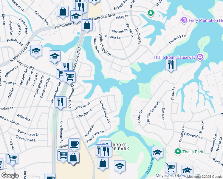 map of restaurants, bars, coffee shops, grocery stores, and more near 608 Putnam Road in Virginia Beach