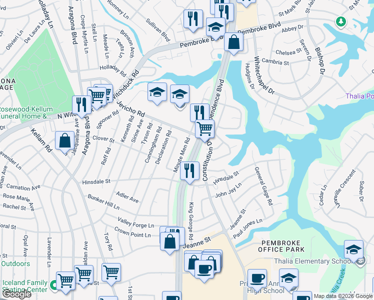 map of restaurants, bars, coffee shops, grocery stores, and more near 627 Independence Boulevard in Virginia Beach