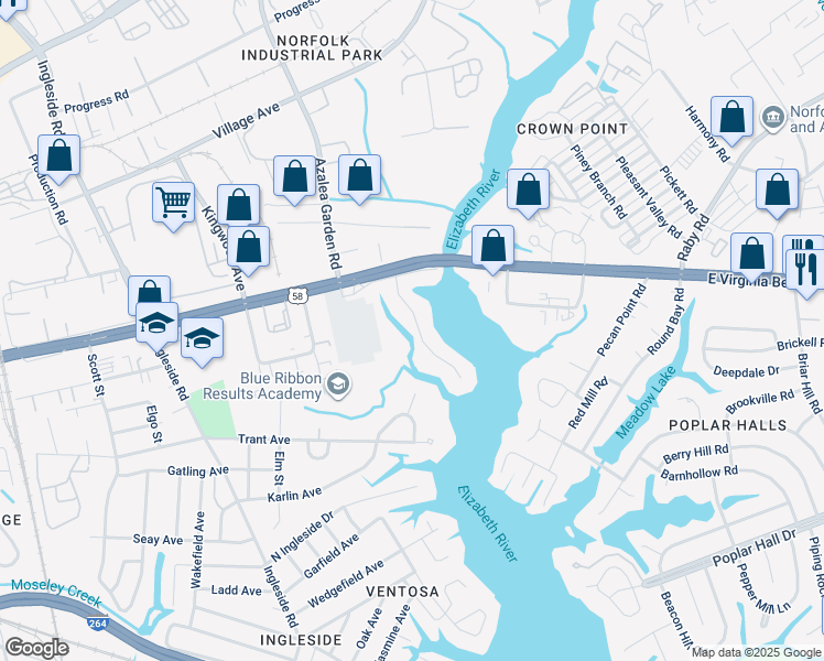 map of restaurants, bars, coffee shops, grocery stores, and more near 955 Anna Street in Norfolk