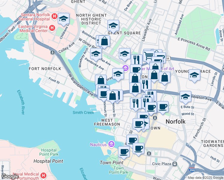 map of restaurants, bars, coffee shops, grocery stores, and more near 731 Yarmouth Street in Norfolk