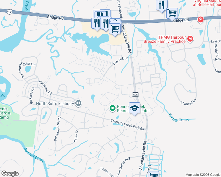 map of restaurants, bars, coffee shops, grocery stores, and more near in Suffolk