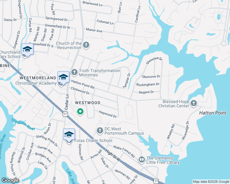 map of restaurants, bars, coffee shops, grocery stores, and more near 4405 Templar Drive in Portsmouth