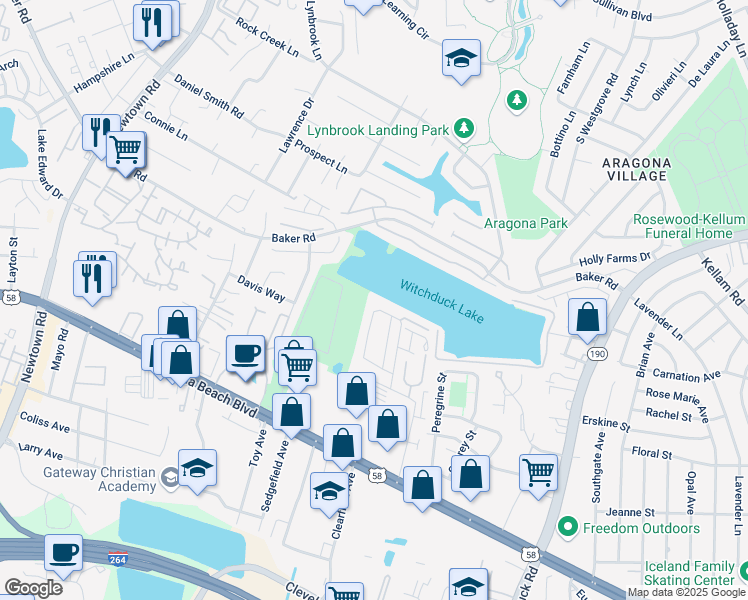 map of restaurants, bars, coffee shops, grocery stores, and more near 5403 Grand Lake Crescent in Virginia Beach